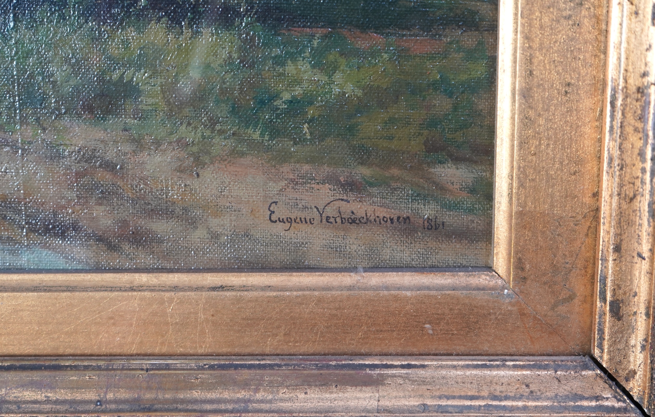 Eugene Verboeckhoven, Belgian 1799-1881, 'A Dutch Lane Scene, Figure and Sheep'